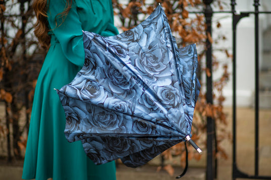 Person holding a princess navy rose umbrella
